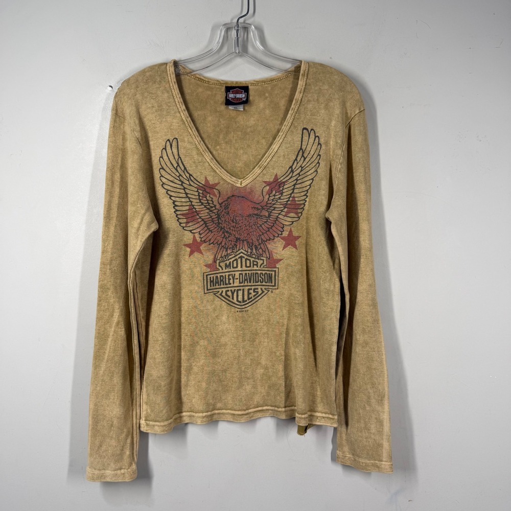 Harley-Davidson Womens XL Tan Acid Wash Eagle Graphic Ribbed Long Sleeve Shirt